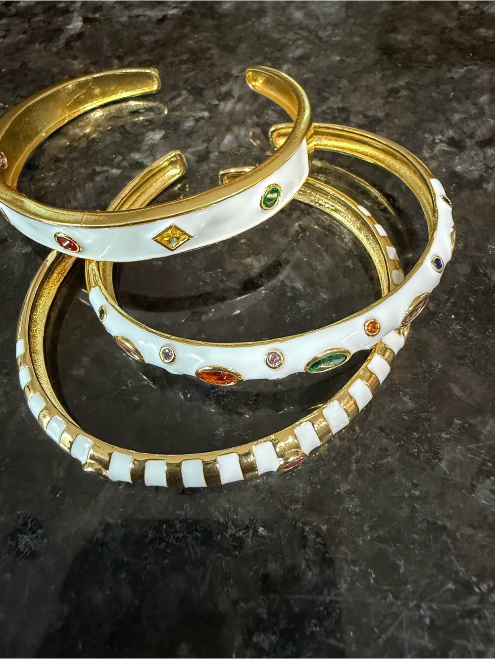 Gold-Tone White Enamel Multi-Gem Cuff Bracelet Set